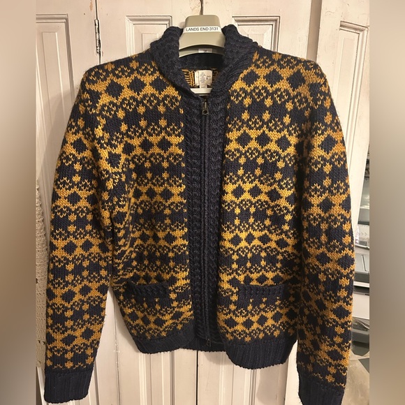 Lands' End Navy Mustard/Gold Cardigan Sweater- Super Warm